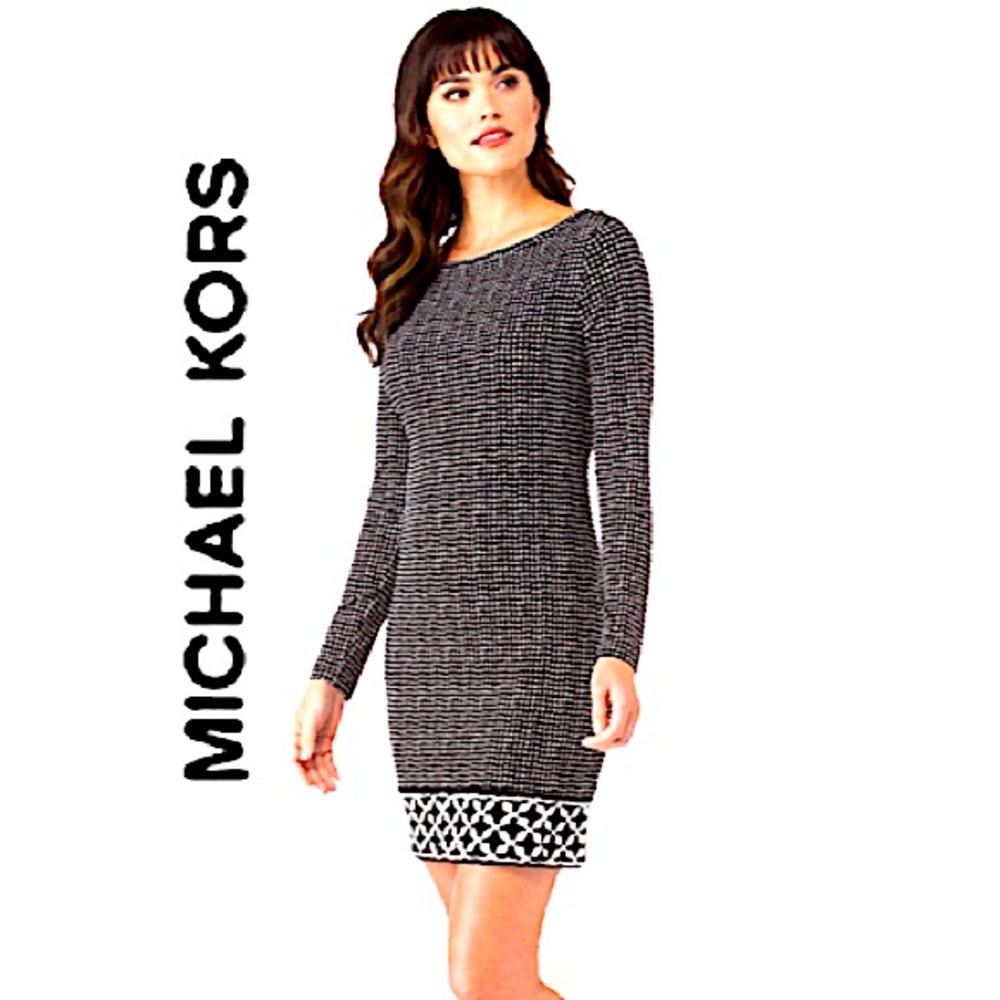 MICHAEL KORS. NWT. Long Sleeved Square Print Tunic Shift Dress. Navy & White. XL